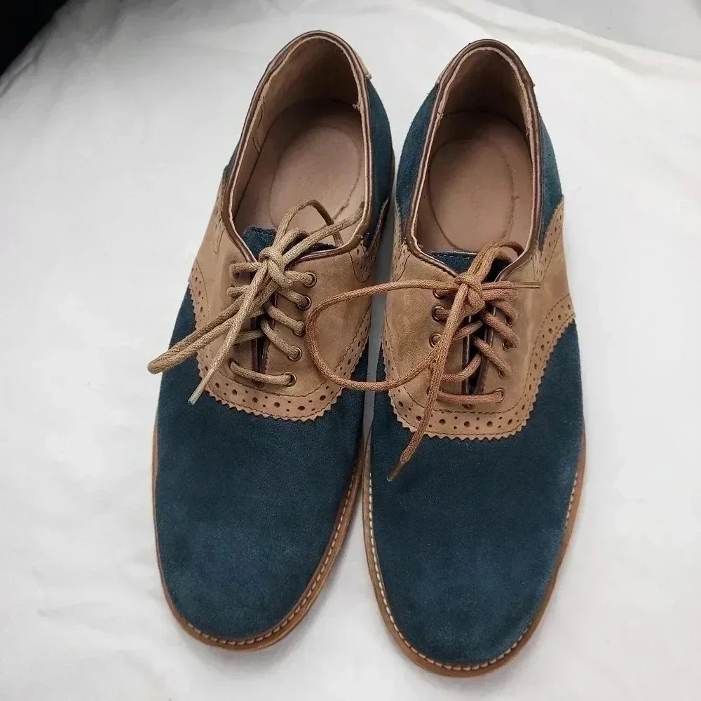 Land's End Mens Tan Leather and Blue Suede Lace Shoes Size 9